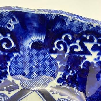 Amazon.co.jp: ベロ藍古伊万里花弁型大鉢唐草染付盛鉢深鉢陶磁器骨董品